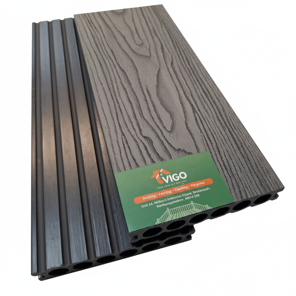 3D WPC Composite Decking Boards – Grey | Round Hollow Embossed C (140mm x 25mm x 3m)