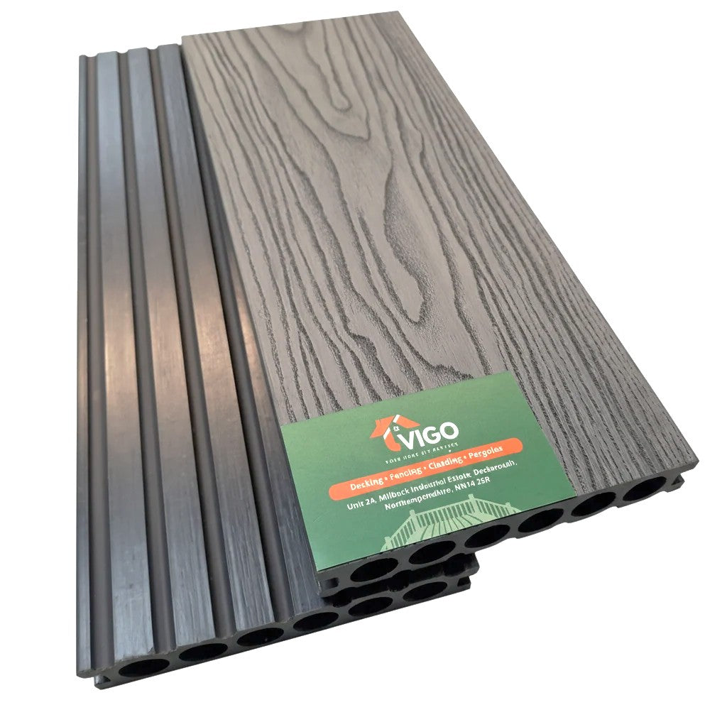 WPC Composite Decking Boards – Grey 3D | Round Hollow | 140mm x 25mm x 3m | Vigo Home