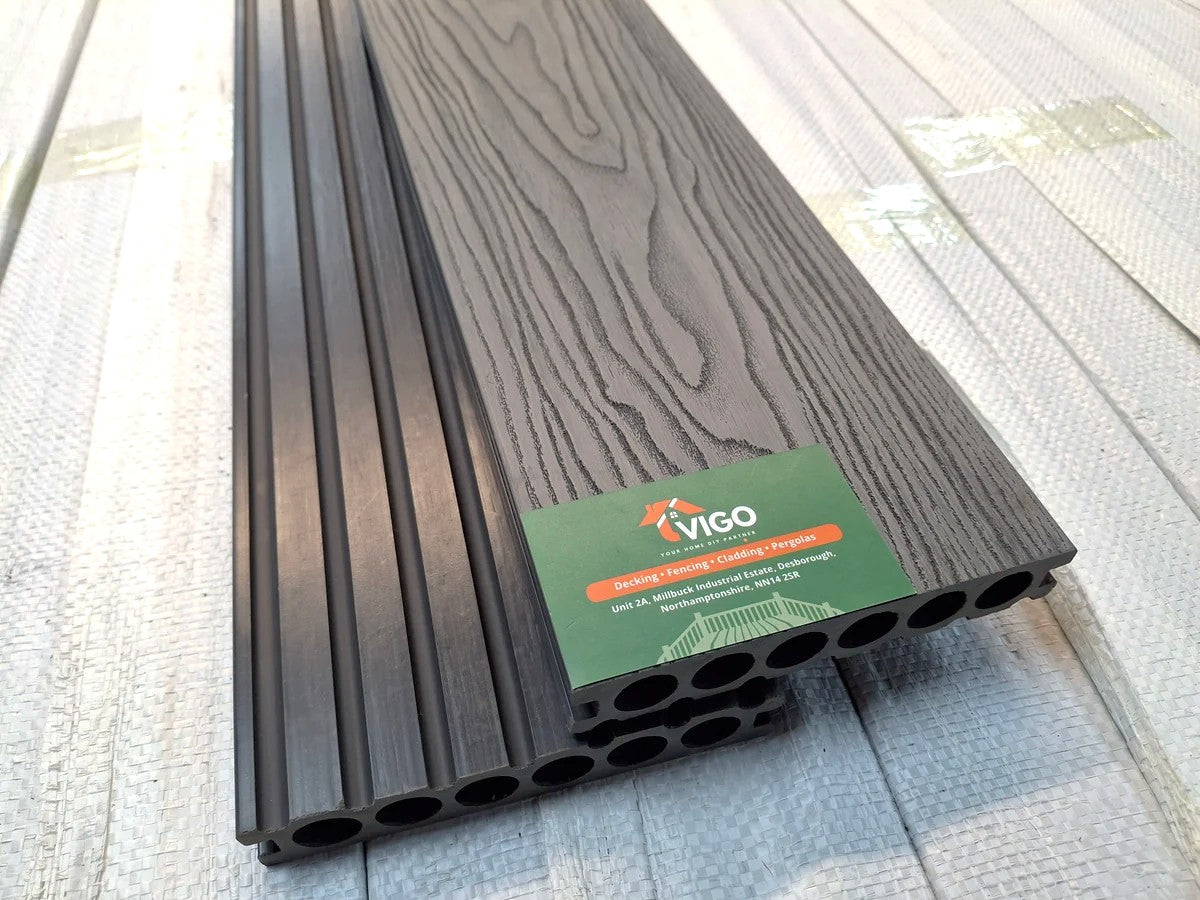WPC Composite Decking Boards – Grey 3D | Round Hollow | 140mm x 25mm x 3m | Vigo Home