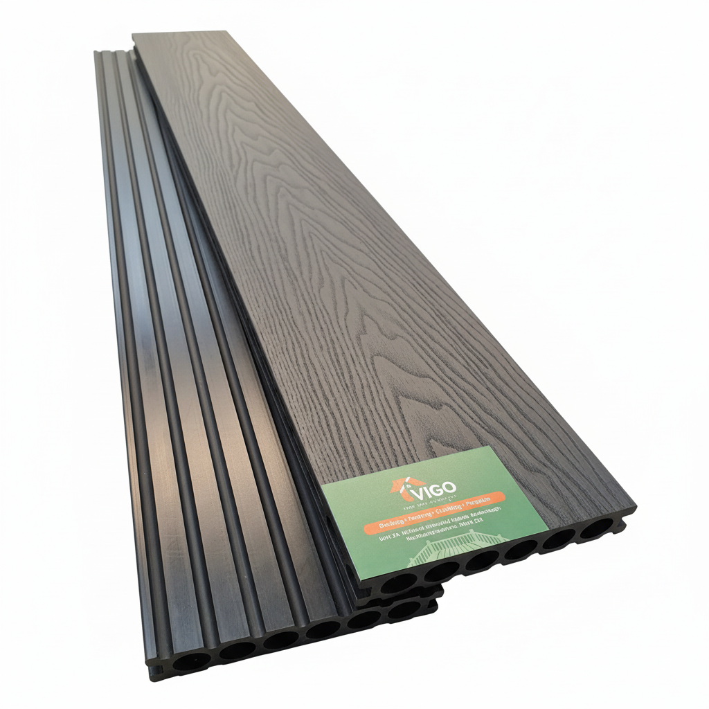 WPC Composite Decking Boards – Black 3D | Round Hollow | 140mm x 25mm x 3m | Vigo Home