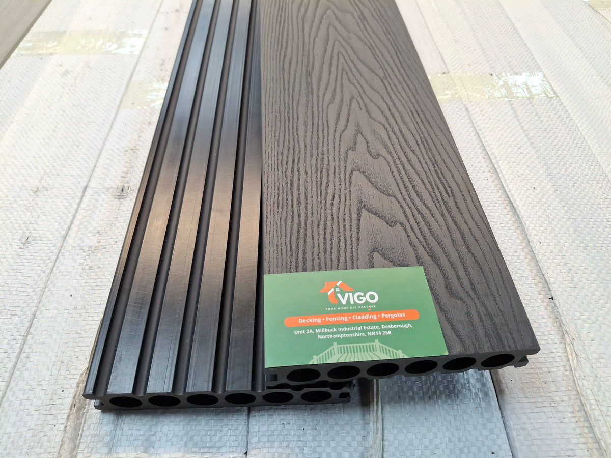 WPC Composite Decking Boards – Black Embossed C | Round Hollow | 150mm x 23mm x 3m | Vigo Home