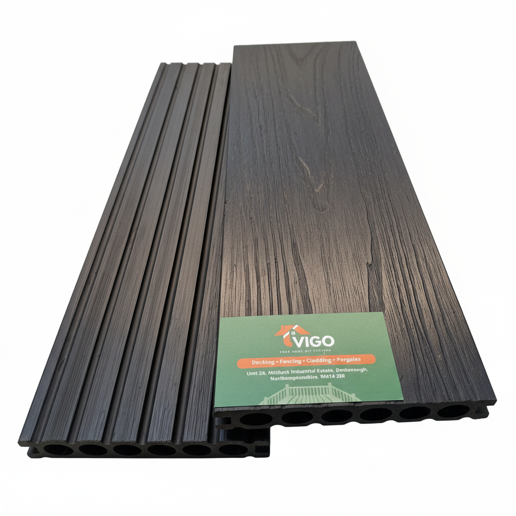 WPC Composite Decking Boards – Black | Single-Sided Extruded | 140mm x 23mm x 3m | Vigo Home