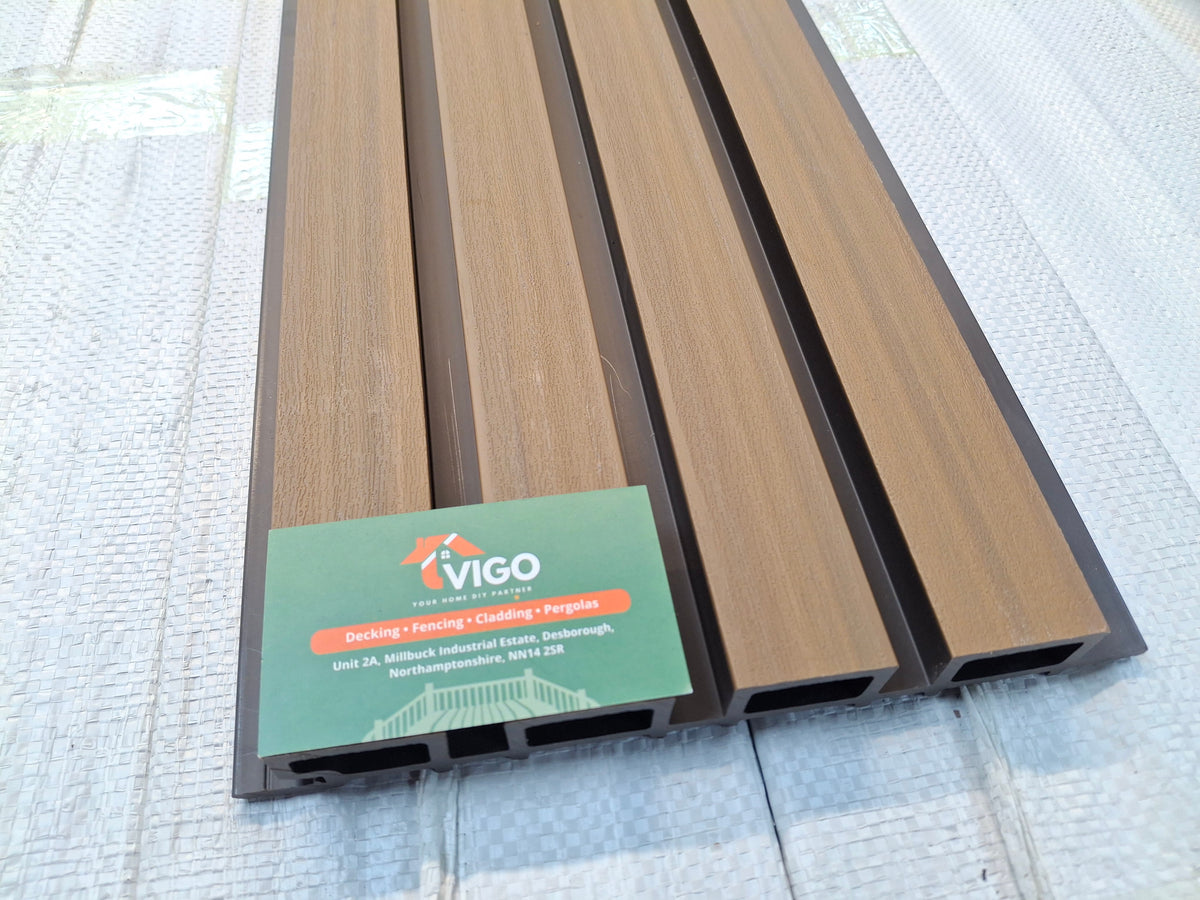 WPC Fluted Wall Cladding Panels – Teak | Gen 1 | Black Shadow Gaps | 219mm x 26mm x 3m | Vigo Home