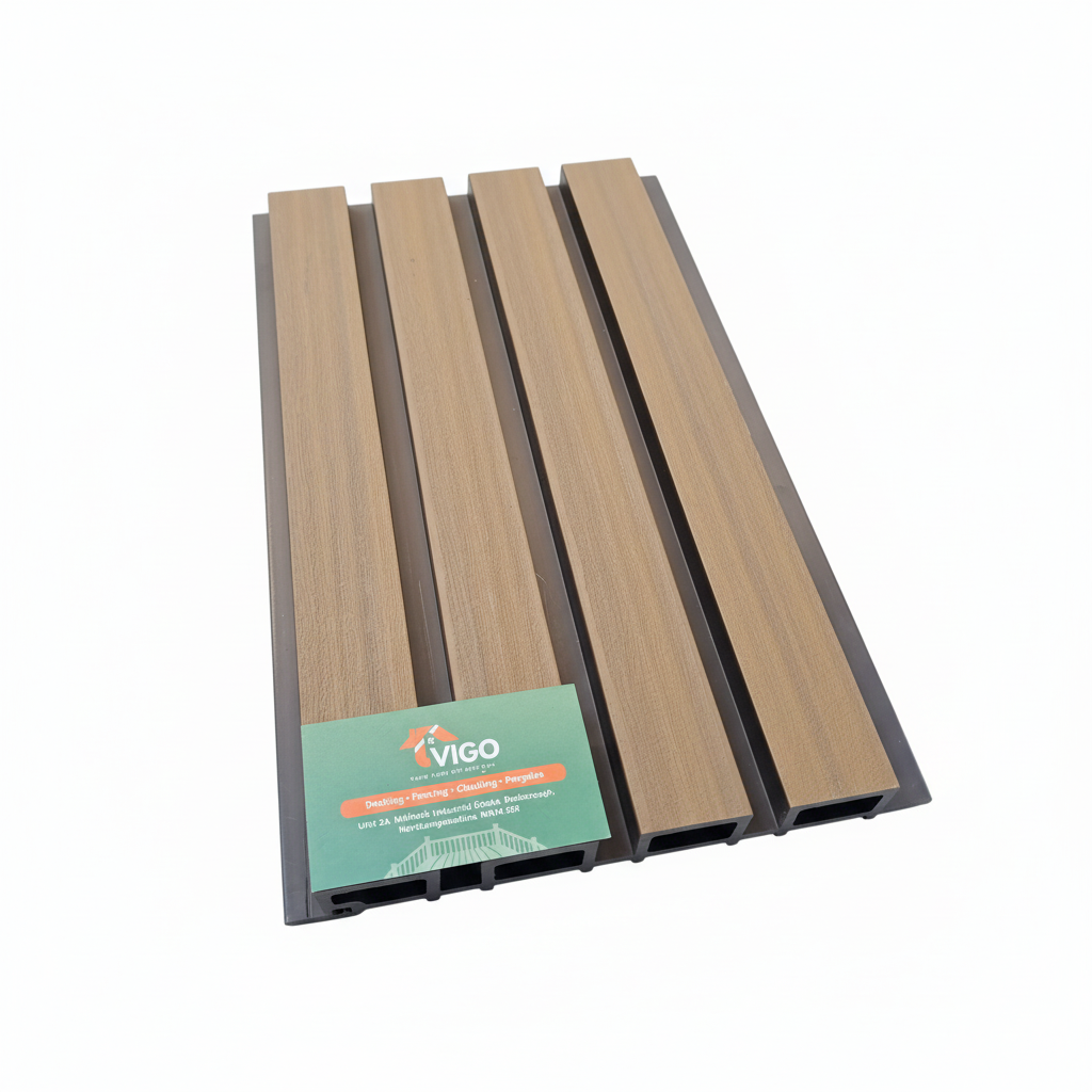 WPC Fluted Wall Cladding Panels – Teak | Gen 1 | Black Shadow Gaps | 219mm x 26mm x 3m | Vigo Home