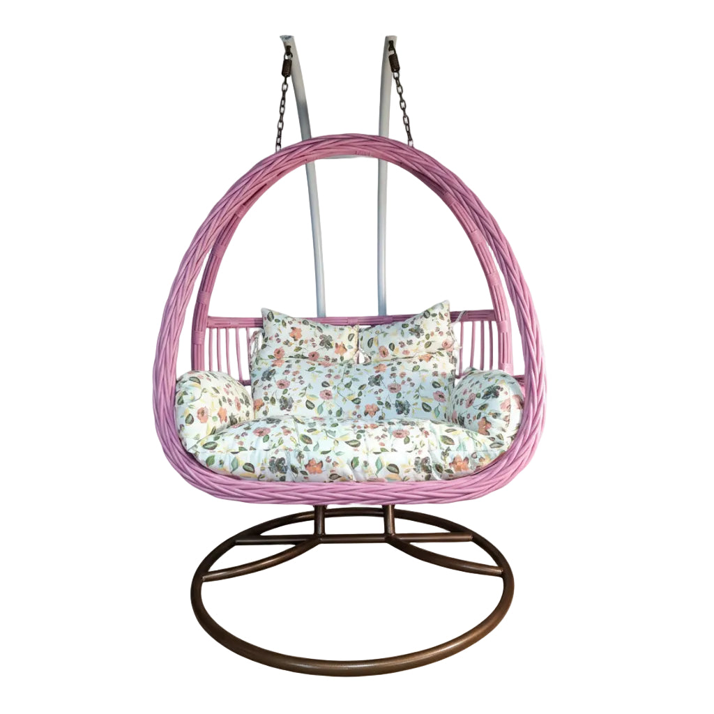 Double Hanging Egg Chair with Stand – Pink Rattan Style