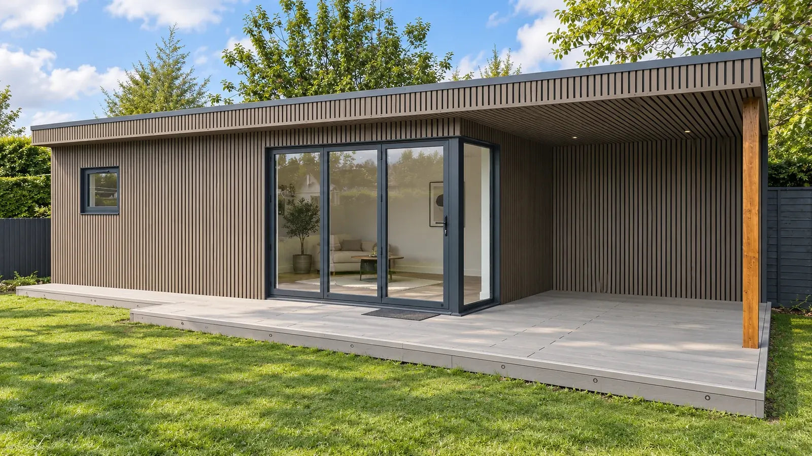 Ancient Wood Vigo WPC wall cladding, Generation 1, visualised on a garden room