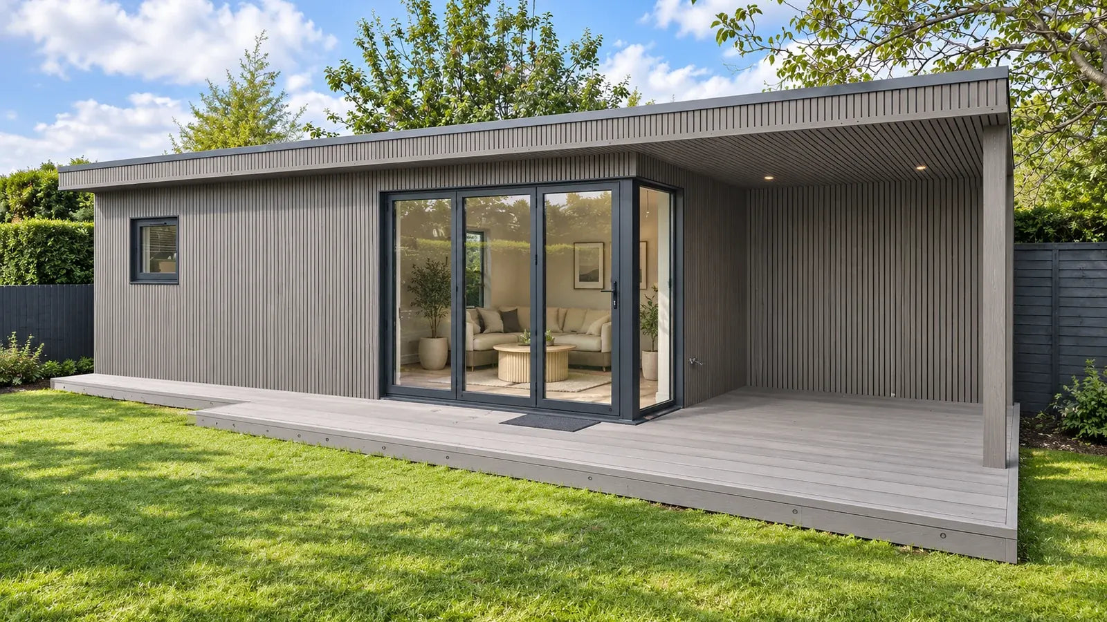 Ancient Wood Vigo WPC wall cladding, Generation 2, visualised on a garden room
