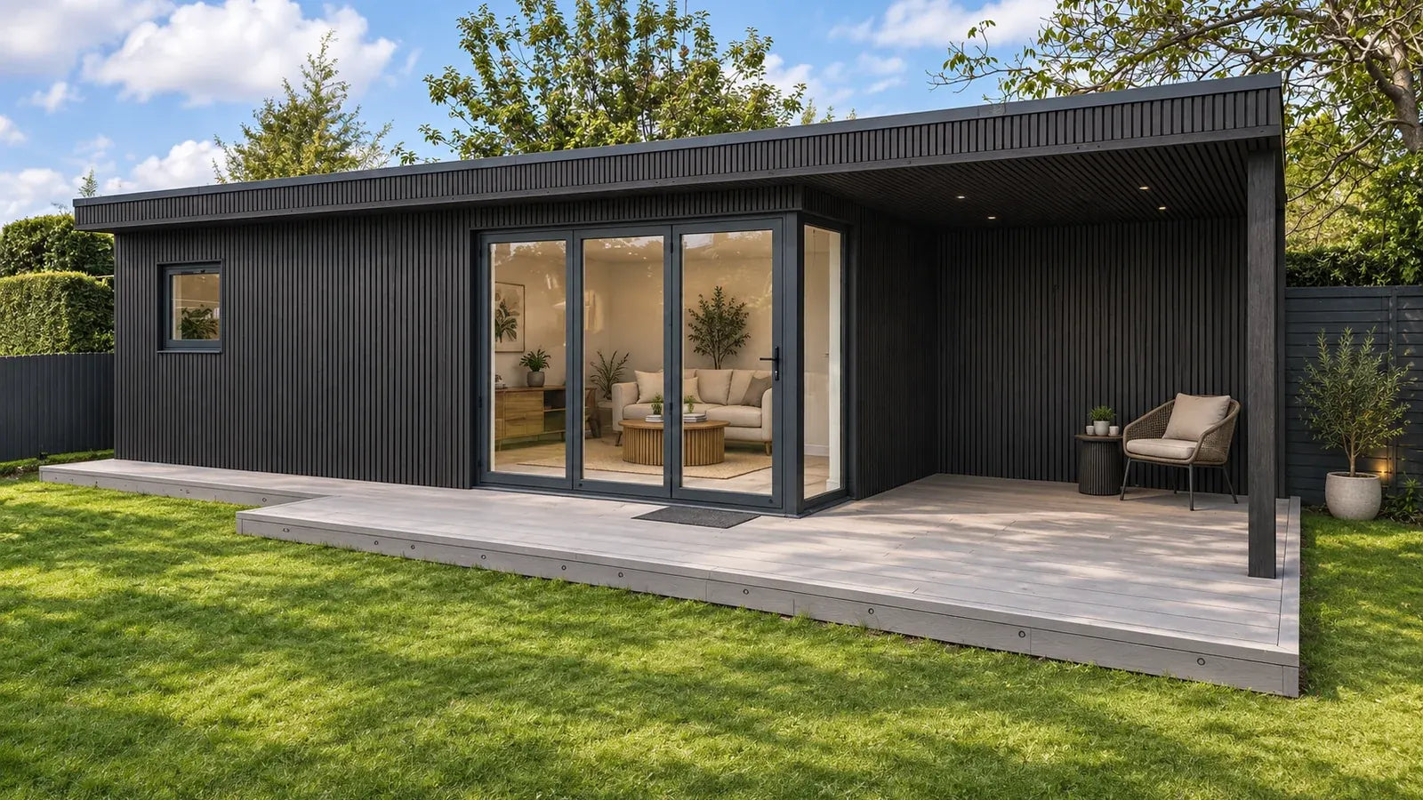 Black Vigo WPC wall cladding, Generation 2, visualised on a garden room