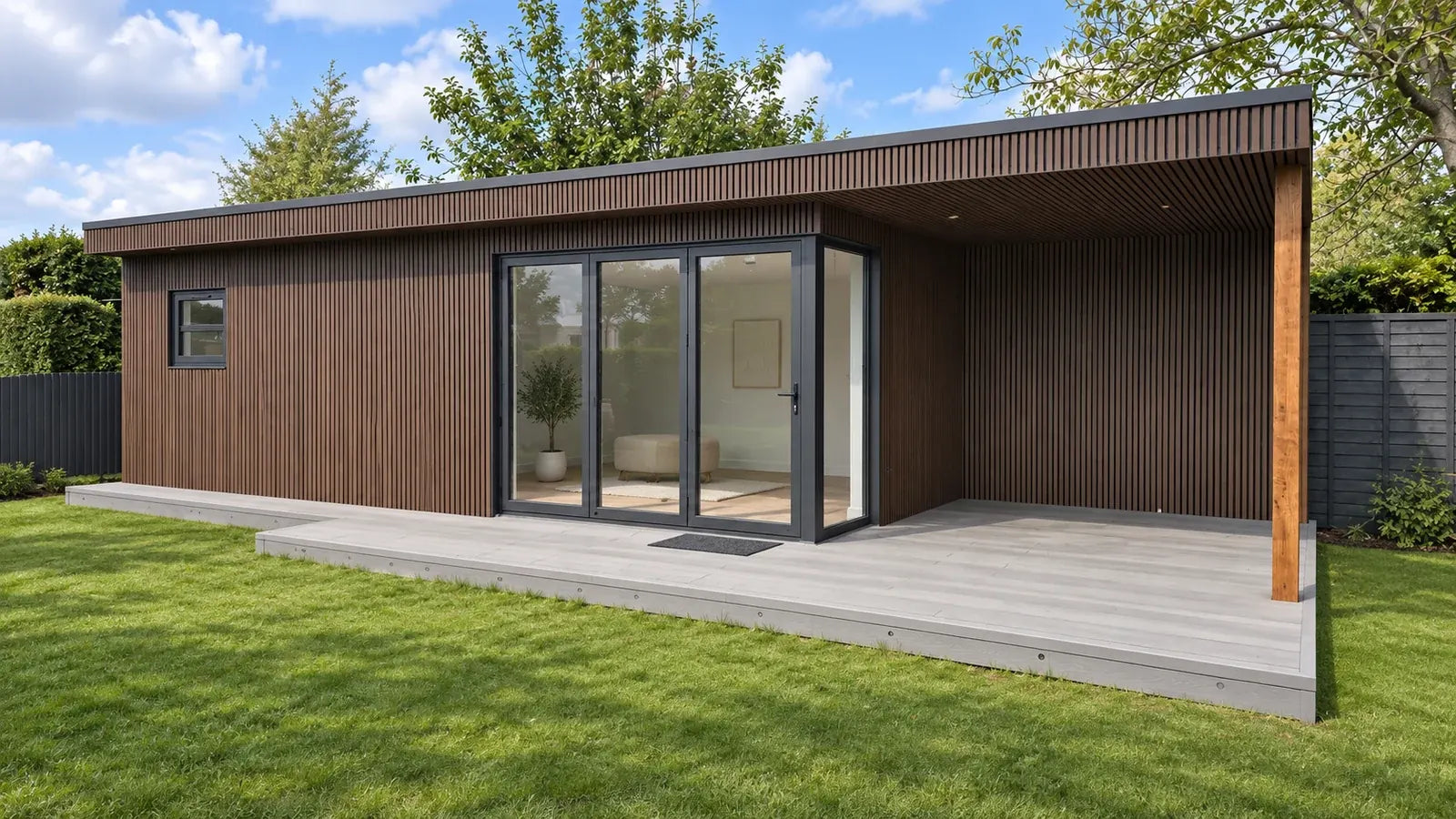 Coffee Vigo WPC wall cladding, Generation 2, visualised on a garden room