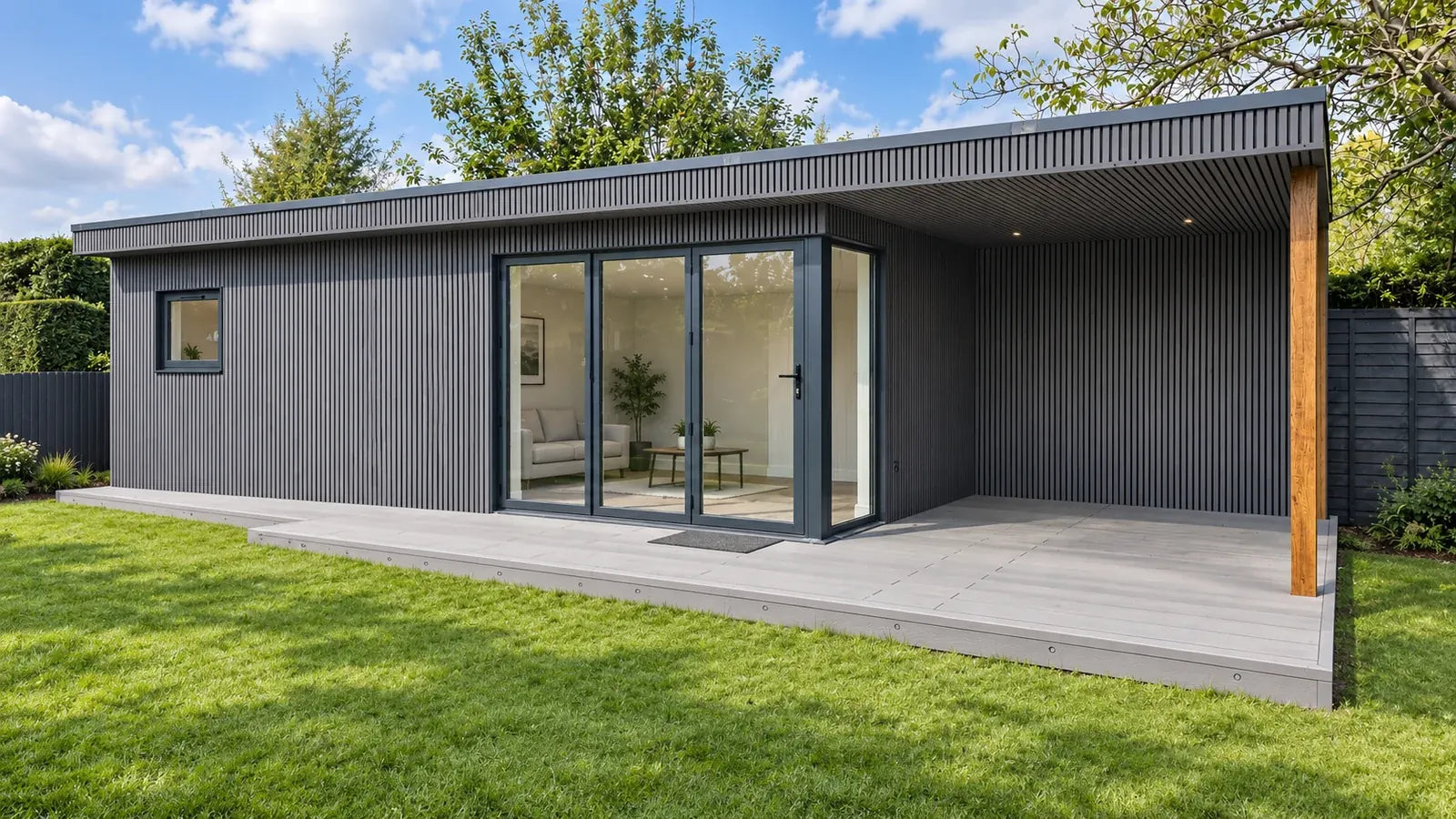Grey Vigo WPC wall cladding, Generation 1, visualised on a garden room