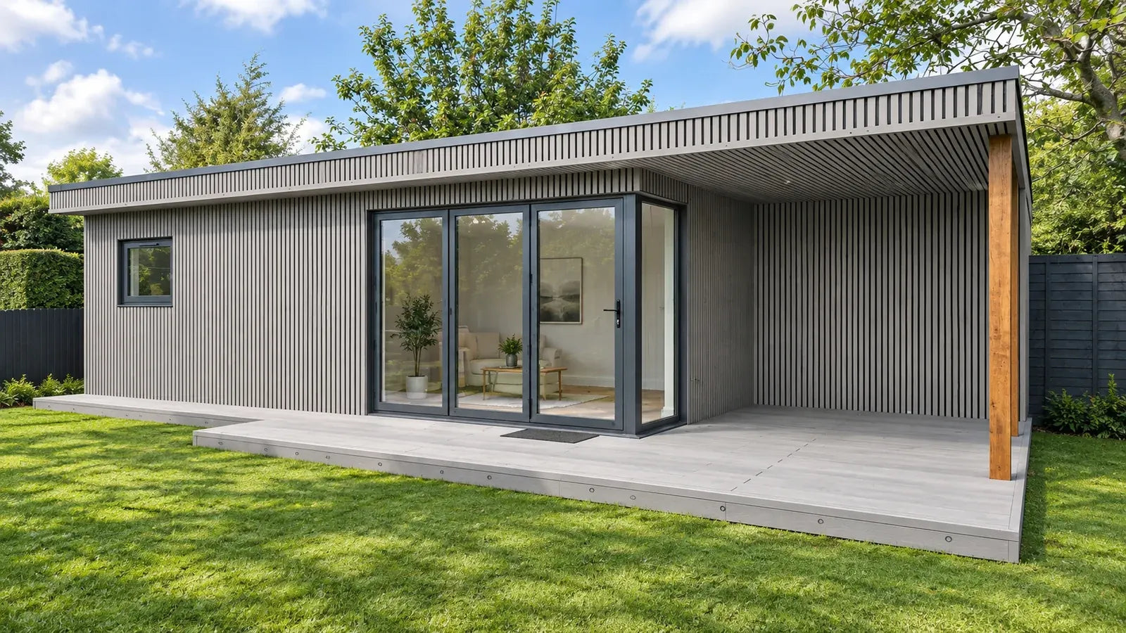 Light Grey Vigo WPC wall cladding, Generation 1, visualised on a garden room