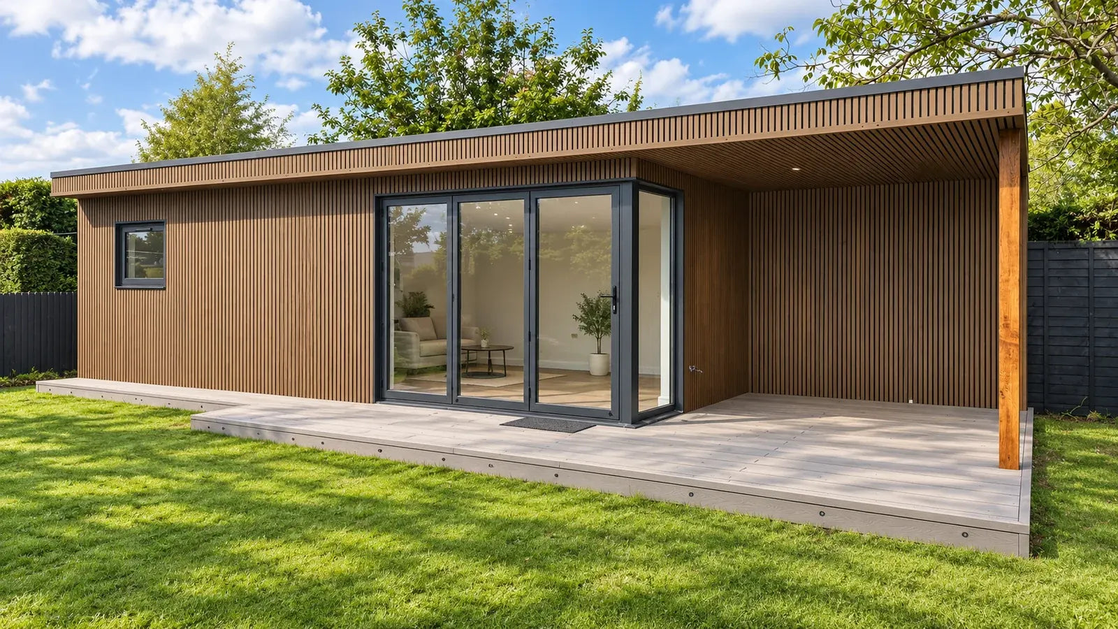 Teak Vigo WPC wall cladding, Generation 1, visualised on a garden room