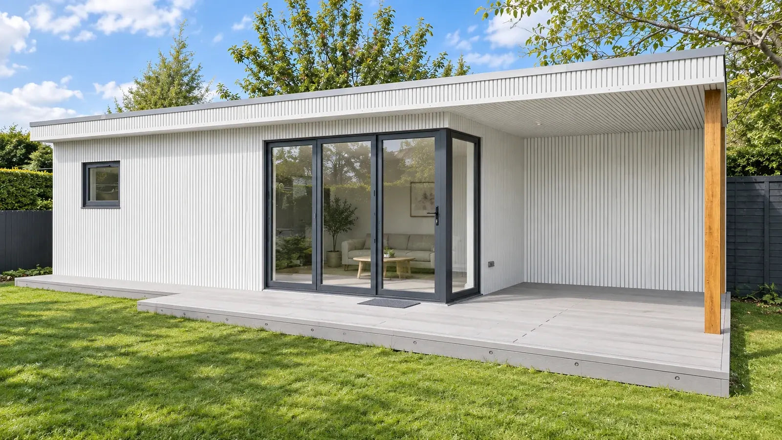 White Vigo WPC wall cladding, Generation 2, visualised on a garden room