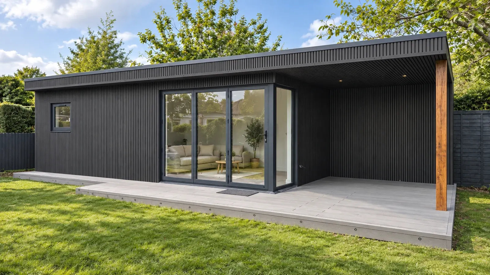 Black Vigo WPC wall cladding, Generation 1, visualised on a garden room