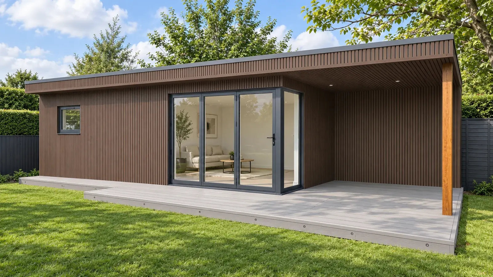 Coffee Vigo WPC wall cladding, Generation 1, visualised on a garden room
