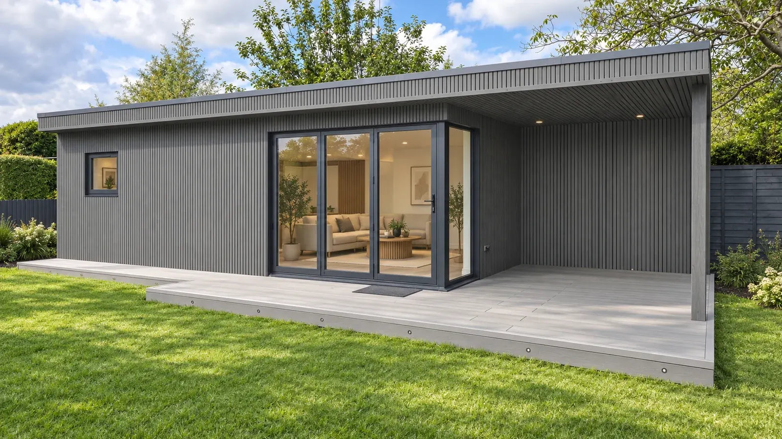 Grey Vigo WPC wall cladding, Generation 2, visualised on a garden room