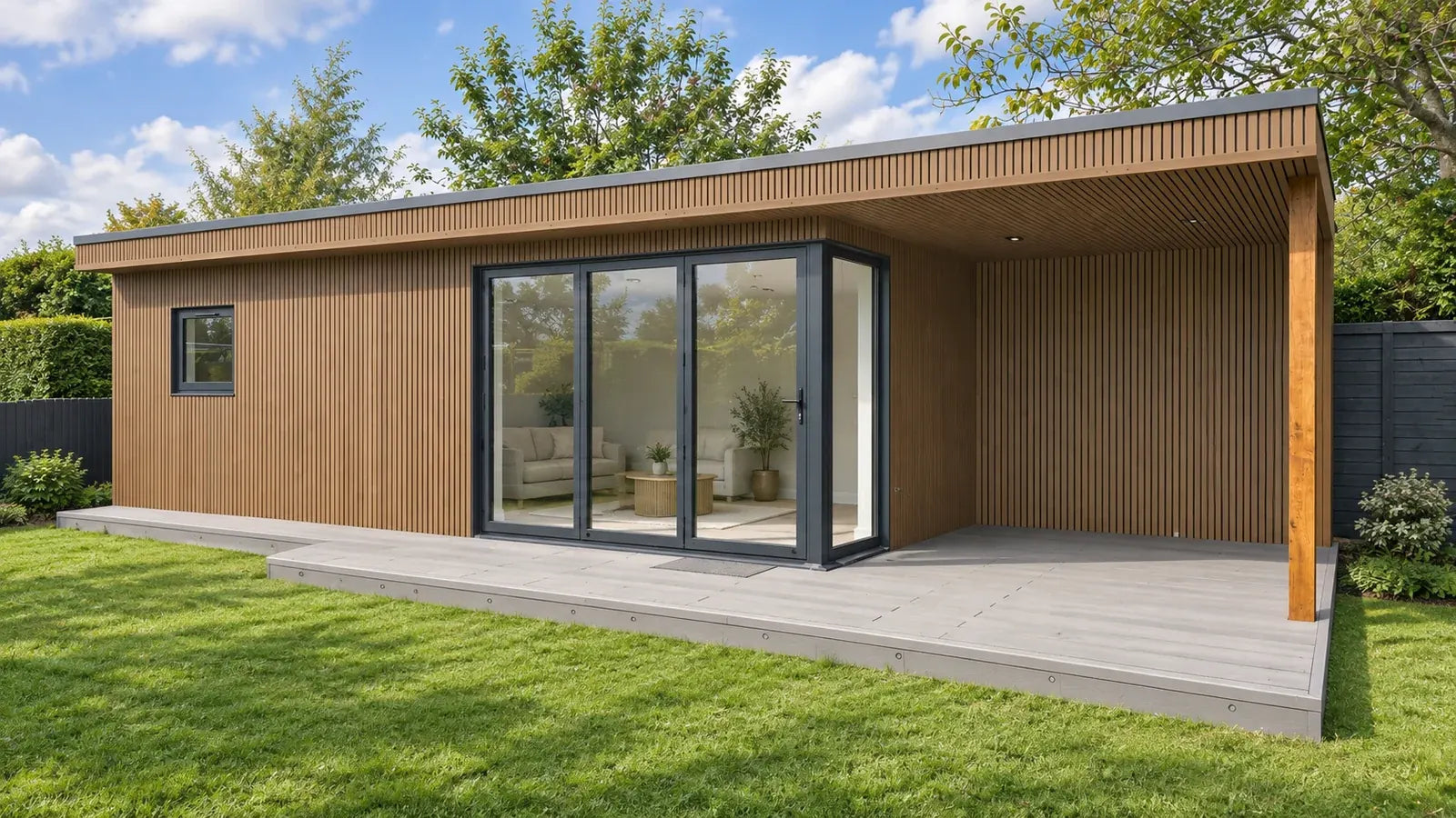 Teak Vigo WPC wall cladding, Generation 2, visualised on a garden room